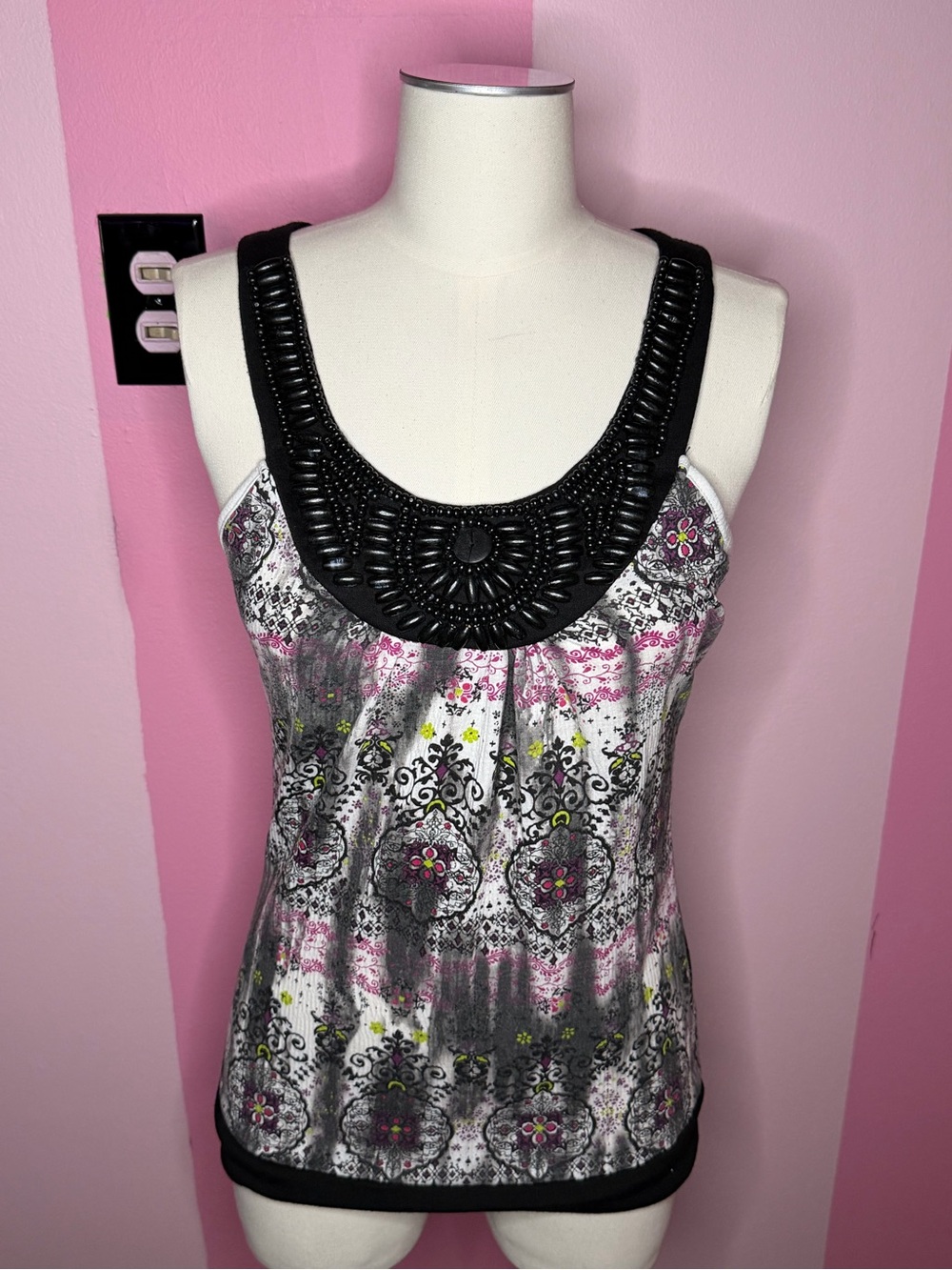 Almost Famous Black Trim Floral Scoop Neck Tank Top